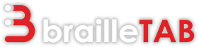 BrailleTAB logo, letter b written in Braille (dot 1 and 2), followed by letter b written in red and the word Braille written in white and the word TAB written in red.